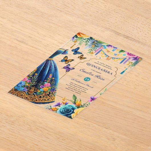 Sweet15 Mis Quince Fiesta Vlinders Blauw Groen Acryl Uitnodigingen (Laagn)