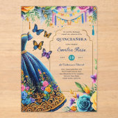Sweet15 Mis Quince Fiesta Vlinders Blauw Groen Acryl Uitnodigingen (Voorkant)