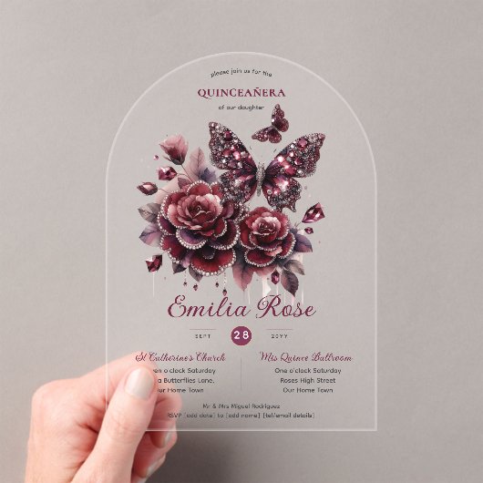 Sweet15 Vlinders QUINCEANERA Bourgondië Diamant Acryl Uitnodigingen (Insitu (Draagbaar))