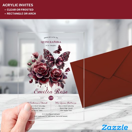 Sweet15 Vlinders QUINCEANERA Bourgondië Diamant Acryl Uitnodigingen