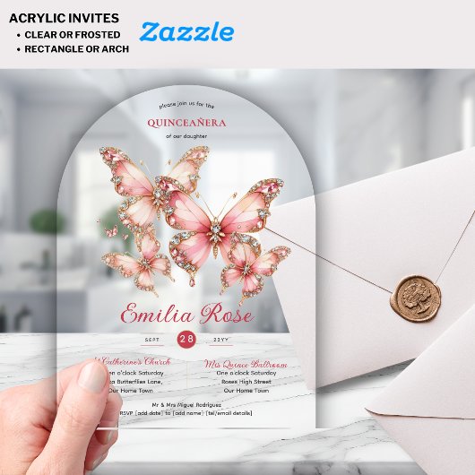 Sweet15 Vlinders QUINCEANERA Roze Roze Diamant Acryl Uitnodigingen