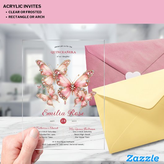 Sweet15 Vlinders QUINCEANERA Roze Roze Diamant Acryl Uitnodigingen