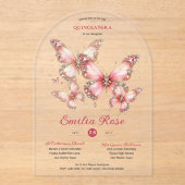 Sweet15 Vlinders QUINCEANERA Roze Roze Diamant Acryl Uitnodigingen (Voorkant)