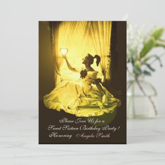 SWEET16 BIRTHDAY PARTIJ GEEL ZWART DAMASK Gold Kaart (Staand voorkant)