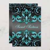 Sweet16 Black/Blue Damask & Tiara Birthday Invite Kaart (Voorkant / Achterkant)