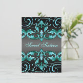 Sweet16 Black/Blue Damask & Tiara Birthday Invite Kaart (Staand voorkant)