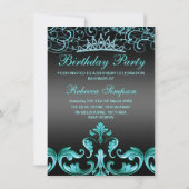 Sweet16 Black/Blue Damask & Tiara Birthday Invite Kaart (Achterkant)