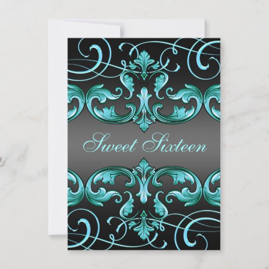 Sweet16 Black/Blue Damask & Tiara Birthday Invite Kaart (Voorkant)