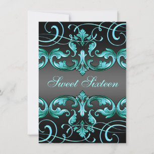 Sweet16 Black/Blue Damask & Tiara Birthday Invite Kaart