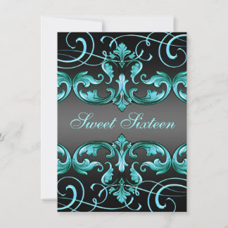 Sweet16 Black/Blue Damask & Tiara Birthday Invite Kaart