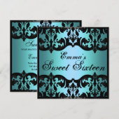 Sweet16 Blauw Elegant Damask Verjaardag Uitnodigen Kaart (Voorkant / Achterkant)