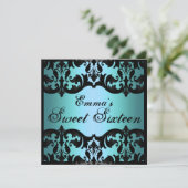 Sweet16 Blauw Elegant Damask Verjaardag Uitnodigen Kaart (Staand voorkant)