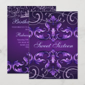 Sweet16 Donker Paarse Damask & Tiara Verjaardag Ui Kaart (Voorkant / Achterkant)