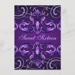 Sweet16 Donker Paarse Damask & Tiara Verjaardag Ui Kaart