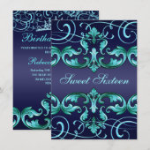 Sweet16 Donkerblauw Damask & Tiara Verjaardag Uitn Kaart (Voorkant / Achterkant)