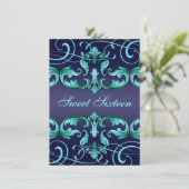 Sweet16 Donkerblauw Damask & Tiara Verjaardag Uitn Kaart (Staand voorkant)