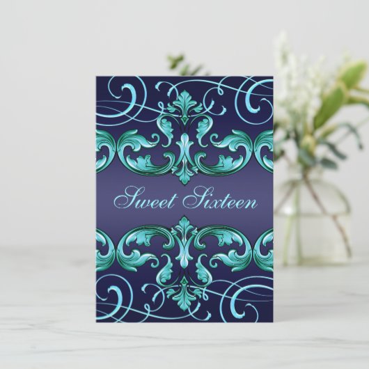 Sweet16 Donkerblauw Damask & Tiara Verjaardag Uitn Kaart (Staand voorkant)