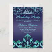 Sweet16 Donkerblauw Damask & Tiara Verjaardag Uitn Kaart (Achterkant)