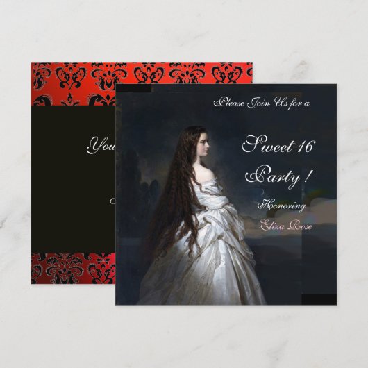 SWEET16 FEESTJE,ROOD,ZWART EN WIT DAMAST KAART (Voorkant / Achterkant)