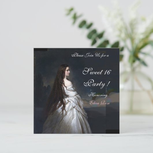 SWEET16 FEESTJE,ROOD,ZWART EN WIT DAMAST KAART (Staand voorkant)