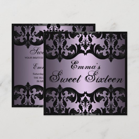 Sweet16 Paarse Elegant Damask Verjaardag Uitnodige Kaart (Voorkant / Achterkant)