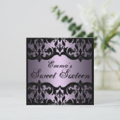 Sweet16 Paarse Elegant Damask Verjaardag Uitnodige Kaart (Staand voorkant)