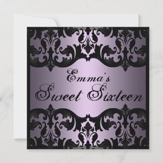 Sweet16 Paarse Elegant Damask Verjaardag Uitnodige Kaart (Voorkant)