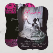 SWEET16 PARTIJ, PINK, ZWARTE EN WITTE DAMASK KAART (Voorkant / Achterkant)