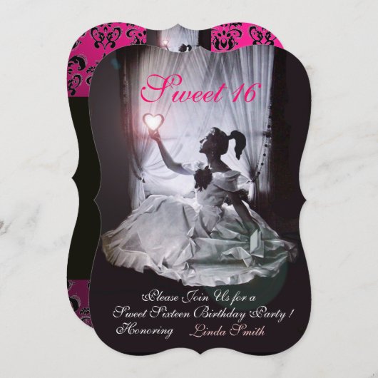 SWEET16 PARTIJ, PINK, ZWARTE EN WITTE DAMASK KAART (Voorkant / Achterkant)