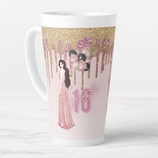  Sweet16 ROSEGOLD DRIPPING GLITTER BRUNETTE Latte Mok (Linkerhoek)