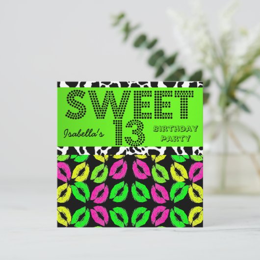 Sweet 13 13th Birthday Lips Koe Limoen Roze zwart Kaart (Staand voorkant)