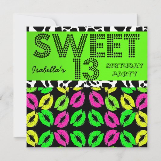Sweet 13 13th Birthday Lips Koe Limoen Roze zwart Kaart (Voorkant)