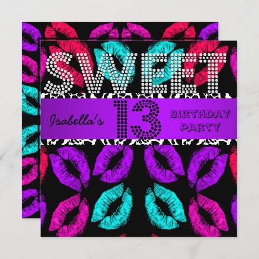 Sweet 13 13th Birthday Lips Koe Paars Black Kaart (Voorkant / Achterkant)