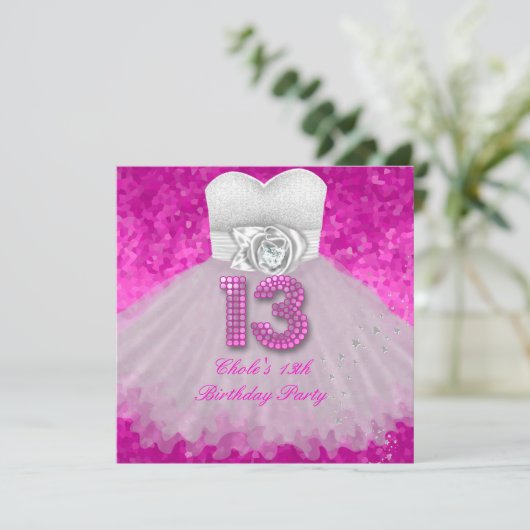Sweet 13 13th Birthday Party Girls Hot Pink Kaart (Staand voorkant)