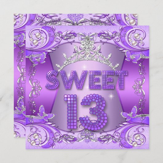 Sweet 13 13th Birthday Party Paars Silver Tiara Kaart (Voorkant / Achterkant)