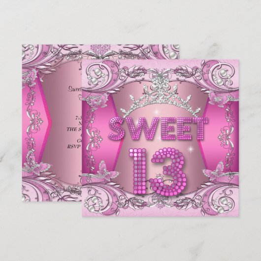 Sweet 13 13th Birthday Party Pink Silver Tiara Kaart (Voorkant / Achterkant)