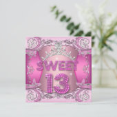 Sweet 13 13th Birthday Party Pink Silver Tiara Kaart (Staand voorkant)