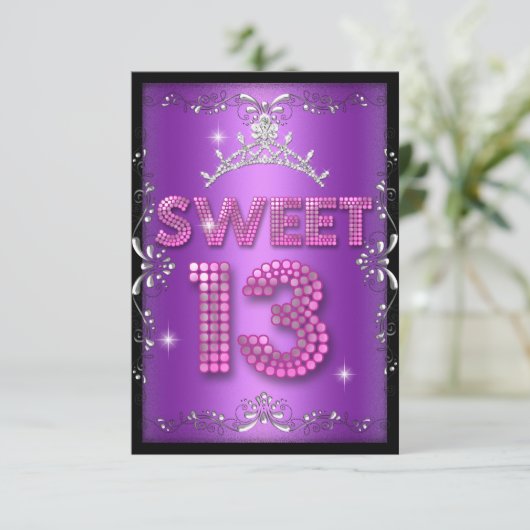 Sweet 13 13th Birthday Pink Paars Black Kaart (Staand voorkant)