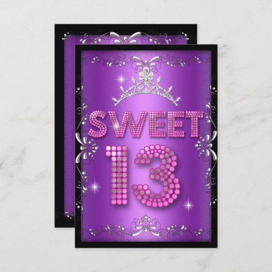 Sweet 13 13th Birthday Pink Paars Black Kaart (Voorkant / Achterkant)