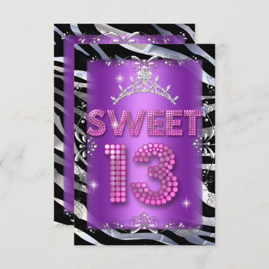 Sweet 13 13th Birthday Pink Paars Zebra Kaart (Voorkant / Achterkant)