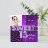 Sweet 13 13th Birthday Zebra Glitter Paars Black Kaart (Staand voorkant)