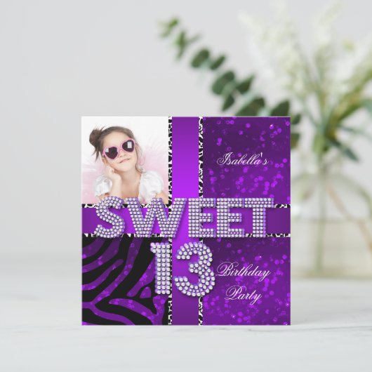 Sweet 13 13th Birthday Zebra Glitter Paars Black Kaart (Staand voorkant)
