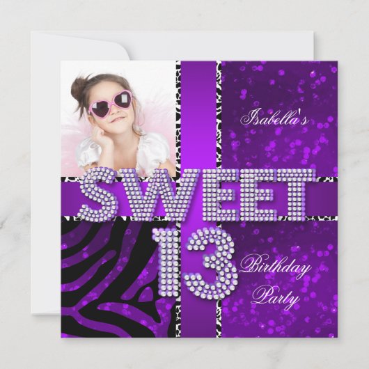 Sweet 13 13th Birthday Zebra Glitter Paars Black Kaart (Voorkant)