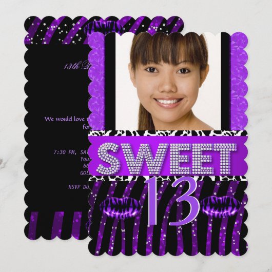 Sweet 13 13th Birthday Zebra Glitter Paars Lips Kaart (Voorkant / Achterkant)