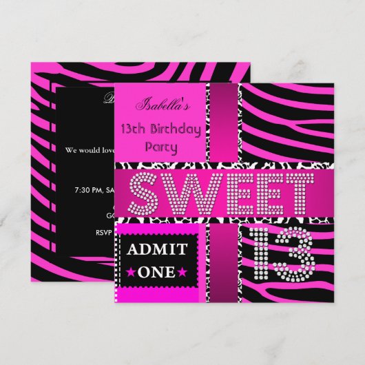 Sweet 13 13th Birthday Zebra Hot Pink Black Kaart (Voorkant / Achterkant)