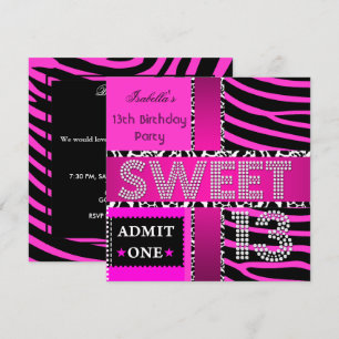 Sweet 13 13th Birthday Zebra Hot Pink Black Kaart