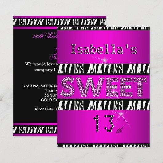 Sweet 13 13th Birthday Zebra Hot Pink Black Kaart (Voorkant / Achterkant)