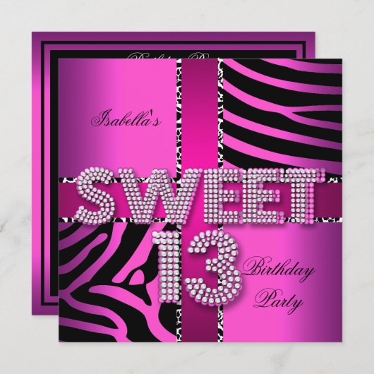 Sweet 13 13th Birthday Zebra Pink Black Kaart (Voorkant / Achterkant)