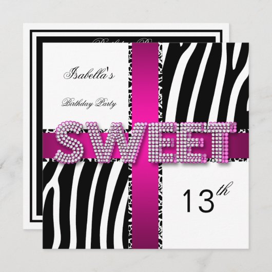 Sweet 13 13th Birthday Zebra Pink Black White Kaart (Voorkant / Achterkant)