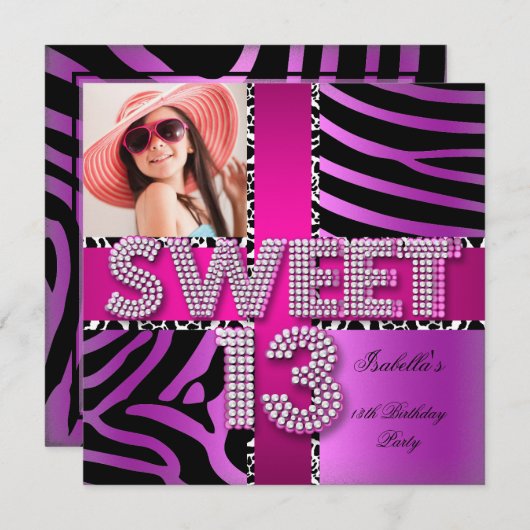 Sweet 13 13th Birthday Zebra Pink Paars Kaart (Voorkant / Achterkant)